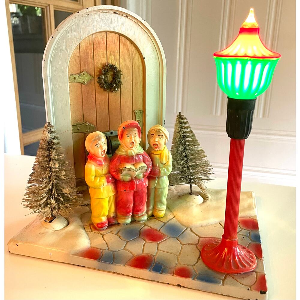 Vtg NOMA Wind Up Musical Door Carolers Light Glolite Rare Christmas